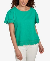 Ruby Rd. Petite Embroidered Sleeve Solid T-Shirt