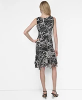 Dkny Women's Chiffon Printed Boat-Neck Ruffle-Hem Dress