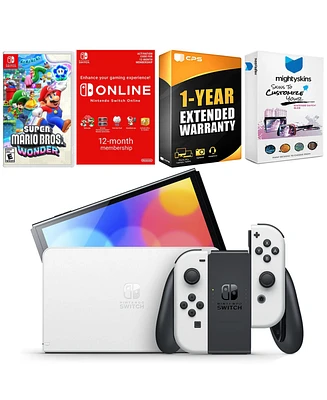 Nintendo Switch White Oled Console with Super Mario Bros. Wonder, Nso 12 Month Family Membership, MightySkins Console and Controller Skin Voucher