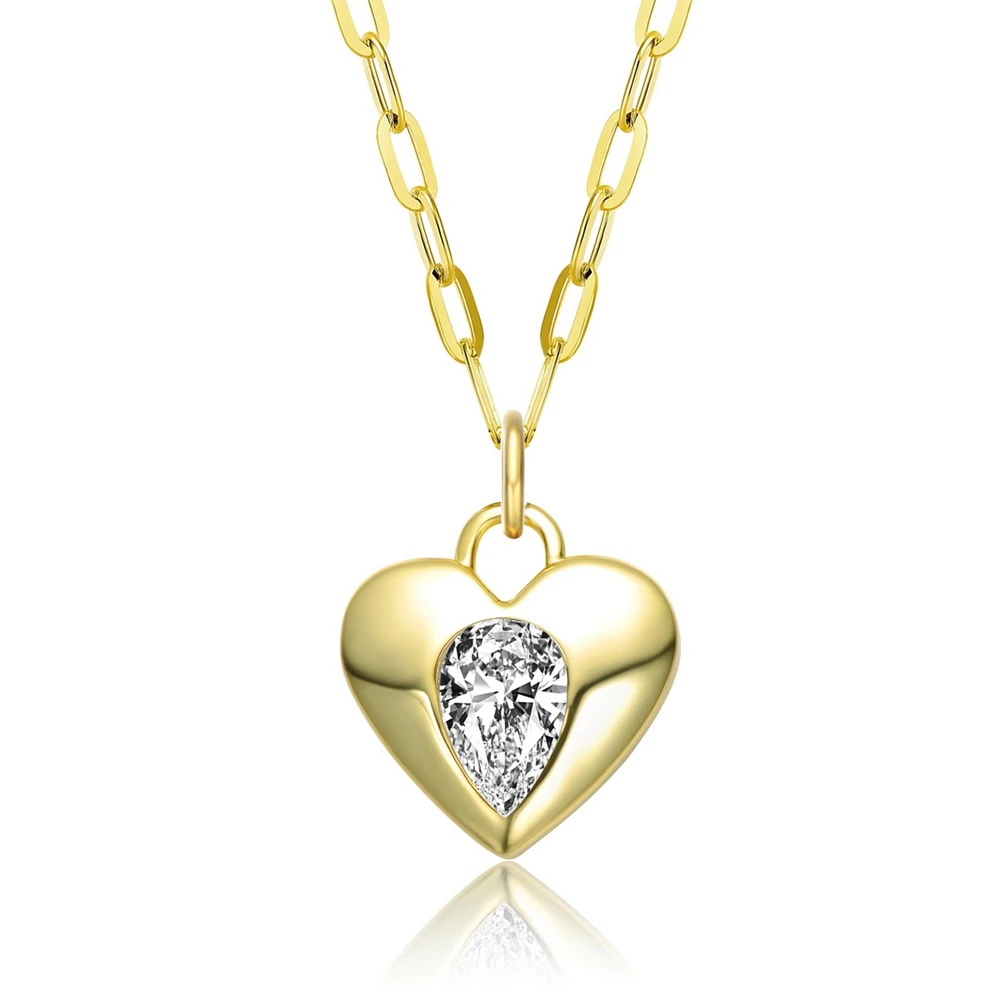 14K Gold Plated with Clear Cubic Zirconia Heart Pendant Necklace
