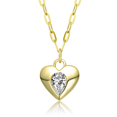 14K Gold Plated with Clear Cubic Zirconia Heart Pendant Necklace