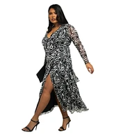 Fashion-szn Curve Plus Long Sleeve Monochrome Print Midi Dress