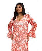 Fashion-szn Curve Women's Long Sleeve Mesh Floral Midi Dress