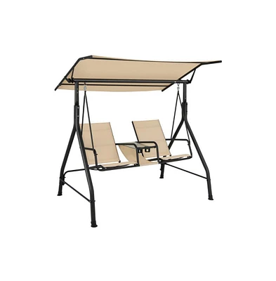 2-Seat Outdoor Cushioned Porch Swing with Adjustable Canopy and Tempered Glass Table