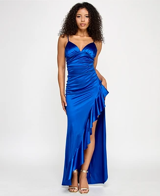 Katia Rae Juniors' Sateen Sweetheart-Neckline Ruffled Slit Gown