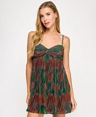 Seni & Cade Juniors' Printed Pleated Mesh A-Line Dress