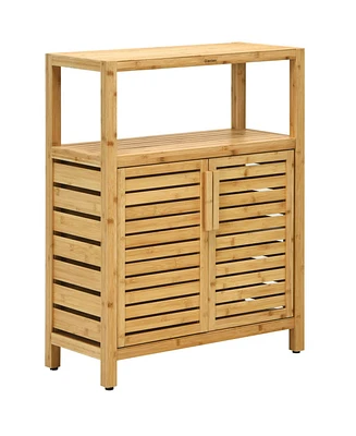 Bamboo Floor Cabinet, Bathroom Storage Cabinet with Double Slatted Doors, Open Shelf, Removable Shelf, Storage Organizer for Bathroom Doorway Living R
