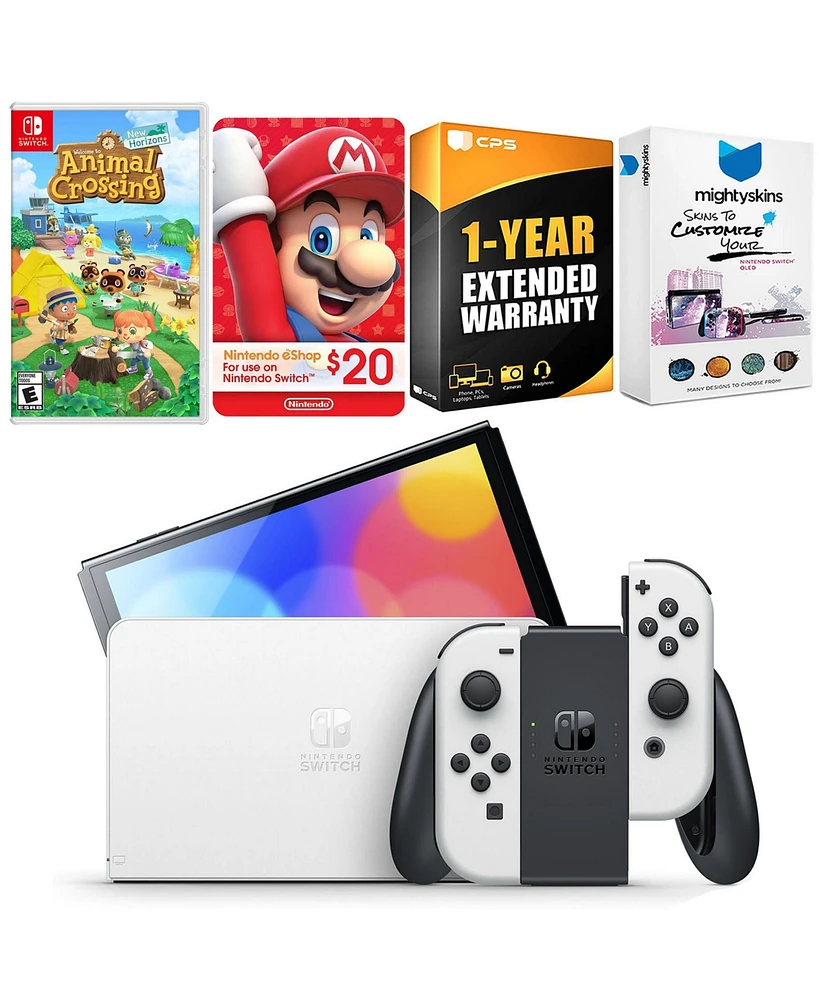 Nintendo Switch White Oled Console with Animal Crossing New Horizons, Nintendo $20 eShop Gift Card, MightySkins Console and Controller Skin Voucher