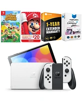 Nintendo Switch White Oled Console with Animal Crossing New Horizons, Nintendo $20 eShop Gift Card, MightySkins Console and Controller Skin Voucher