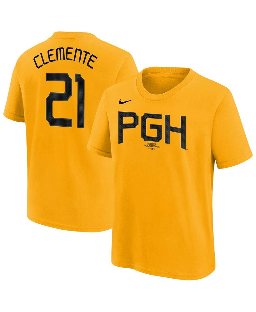 Nike Big Boys and Girls Roberto Clemente Gold Pittsburgh Pirates Fuse City Connect Name Number T-Shirt