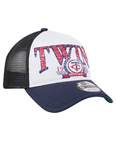 New Era Men's White/Navy Minnesota Twins Distressed 9FORTY A-Frame Adjustable Trucker Hat