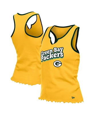 New Era Women's Gold Green Bay Packers Lettuce Hem Notch Neck Tri-Blend Tank Top