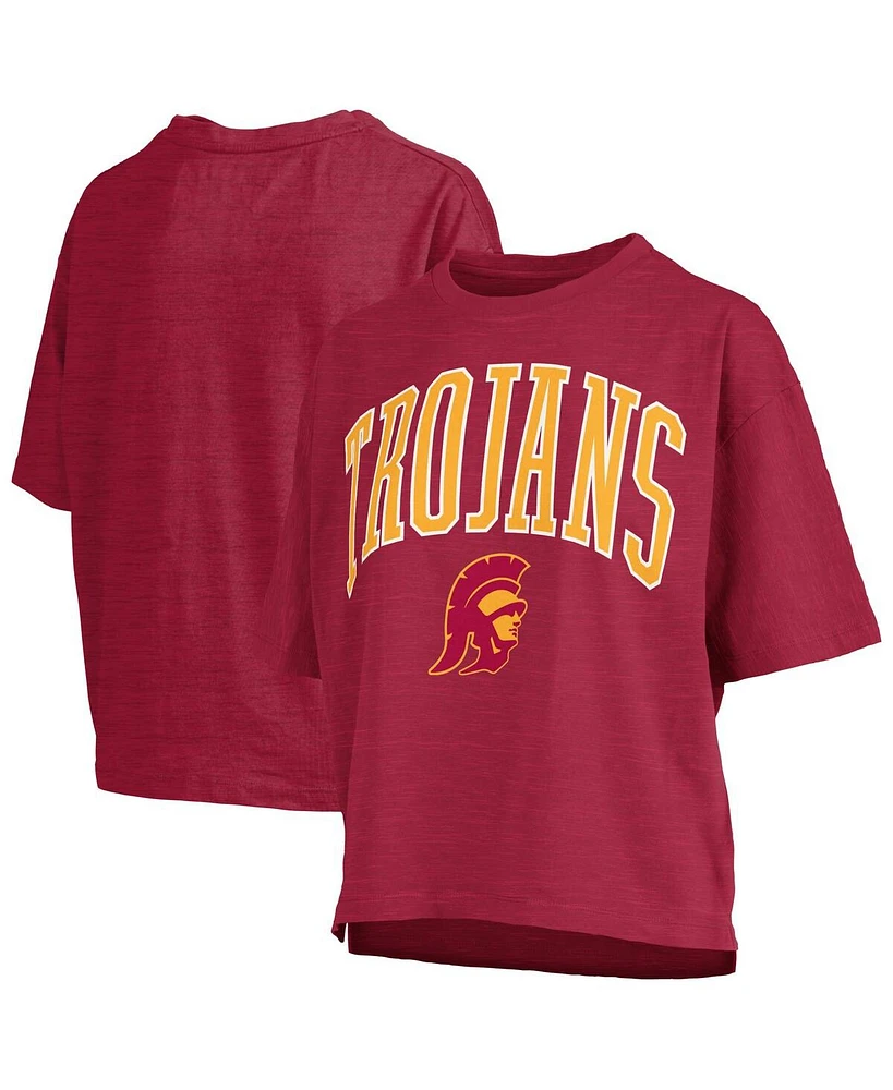 Pressbox Women's Cardinal Usc Trojans Nelson Arch Over Logo Waist Length Oversized Slub T-Shirt
