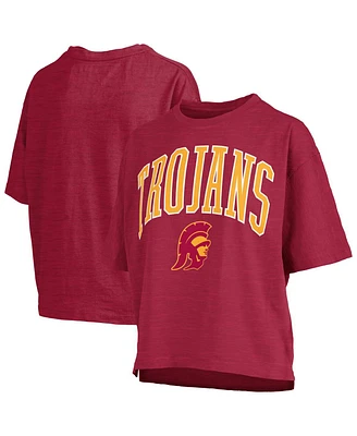 Pressbox Women's Cardinal Usc Trojans Nelson Arch Over Logo Waist Length Oversized Slub T-Shirt