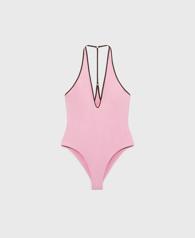 Mango Women's Contrast Trim V-Neck Swimsuit