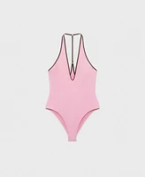 Mango Women's Contrast Trim V-Neck Swimsuit