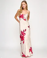 Seni & Cade Juniors' Floral-Print Satin Spaghetti-Strap Gown