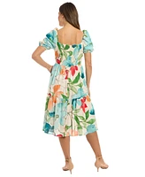 London Times Women's Floral-Print Square-Neck Puff Midi Dress
