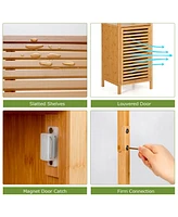4 Tiers Slim Bamboo Floor Storage Cabinet with Shutter Door and Anti-Toppling Device