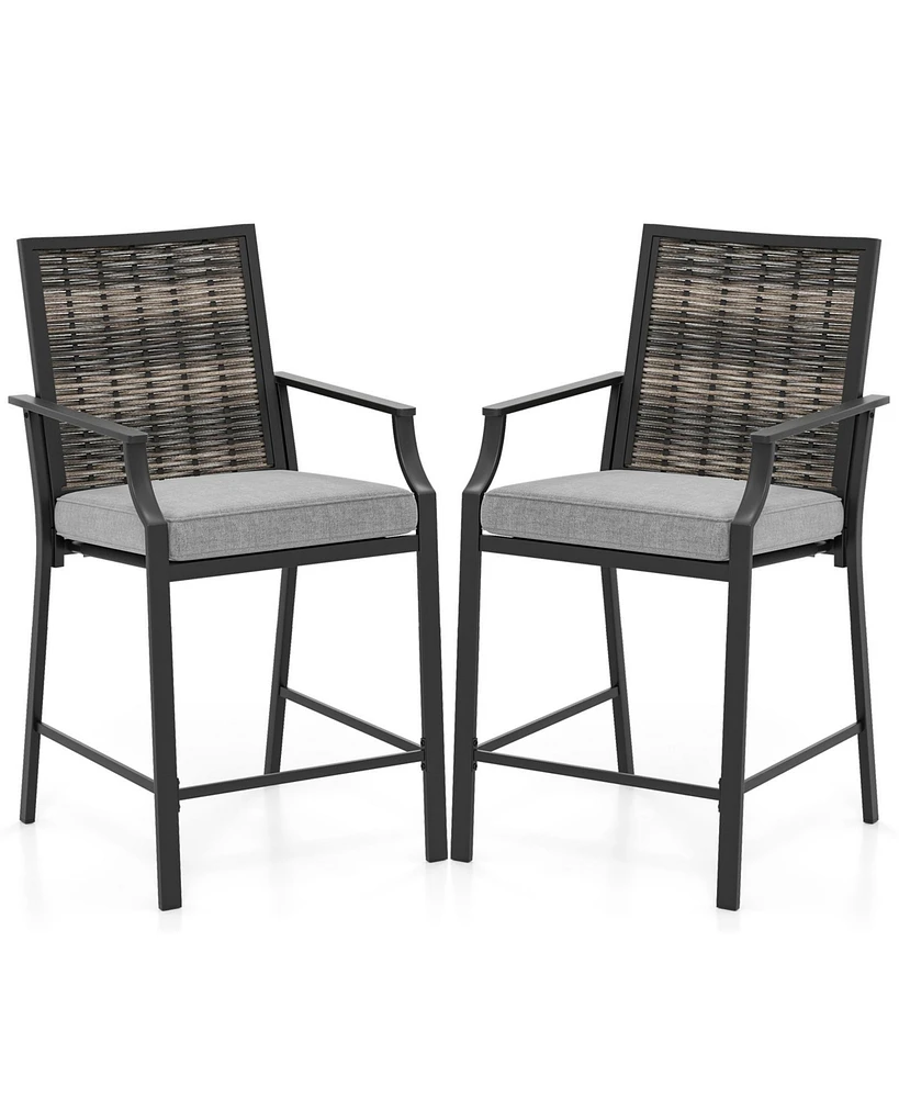 Patio Bar Stools Set of 2 Counter Height Rattan Bar Chairs with Armrest-Grey