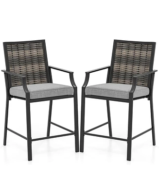 Patio Bar Stools Set of 2 Counter Height Rattan Bar Chairs with Armrest-Grey