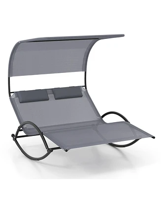 Gymax Outdoor Double Chaise Rocker Rocking Daybed Sun Lounger w/ Sun Shade Canopy