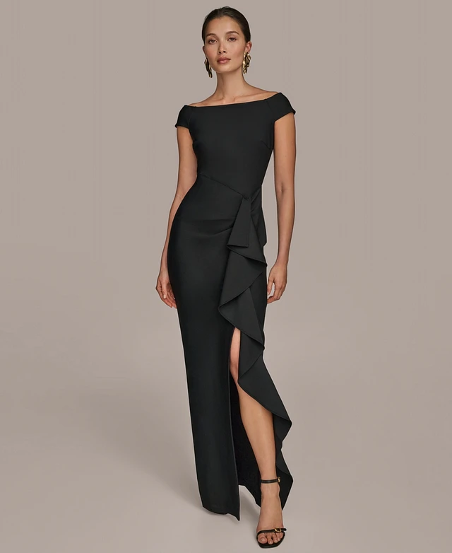 Donna Karan New York Women's Boat-neck Ruffle Slit Gown | MainPlace Mall Donna Karan New York Women's Boat-neck Ruffle Slit Gown | MainPlace Mall