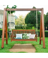 Gymax 2-Seat Patio Hanging Wooden Porch Swing Bench w/ Cushion & Hanging Ropes