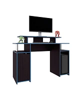 Hobart Gaming Desk, 1 Door, 6 Shelves, Black Wengue / Blue Edge