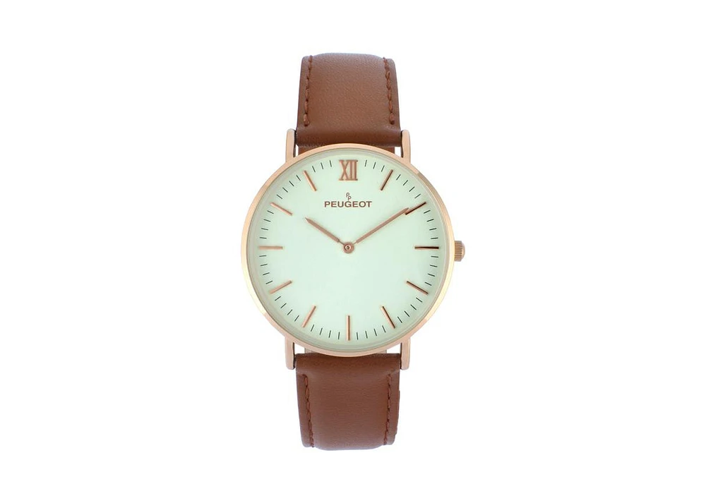 Peugeot Men's 40mm Rose-Gold Super Slim Case Leather Strap Watch