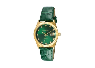 Peugeot Women's Green 36mm Fluted Bezel Watch with Leather Strap