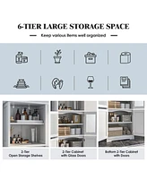 6-Tier Freestanding Bathroom Cabinet with 2 Open Compartments and Adjustable Shelves