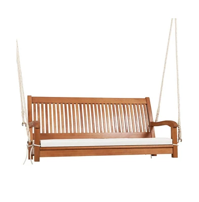 2-Person Hanging Porch Swing Wood Bench with Cushion Curved Back