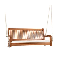 2-Person Hanging Porch Swing Wood Bench with Cushion Curved Back