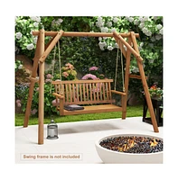 2-Seat Acacia Wood Porch Swing Bench with 2 Hanging Hemp Ropes