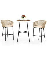 3-Piece Patio Bar Set with Rope Woven Stools and Solid Acacia Tabletop