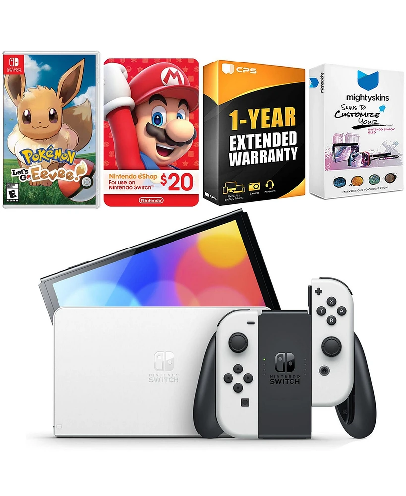 Nintendo Switch White Oled Console with Pokemon Let's Go, Eevee!, Nintendo $20 eShop Gift Card, MightySkins Console and Controller Skin Voucher