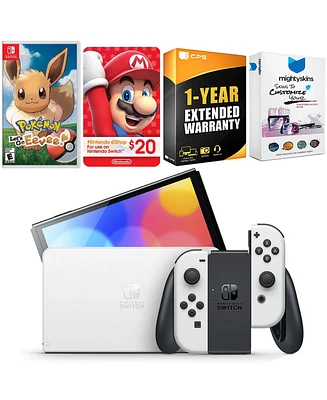 Nintendo Switch White Oled Console with Pokemon Let's Go, Eevee!, Nintendo $20 eShop Gift Card, MightySkins Console and Controller Skin Voucher