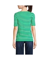 Lands' End Women's Supima Cotton Elbow Sleeve Boatneck Button Shoulder Tee