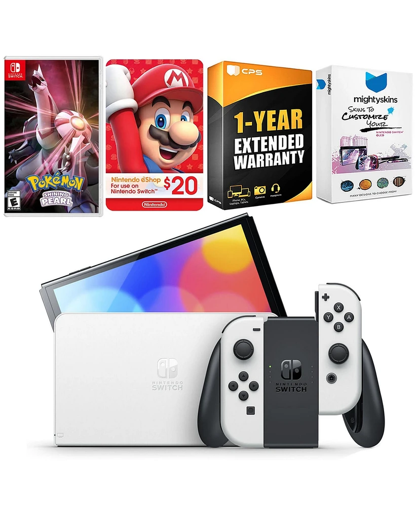 Nintendo Switch White Oled Console with Pokemon Shining Pearl, Nintendo $20 eShop Gift Card, MightySkins Console and Controller Skin Voucher