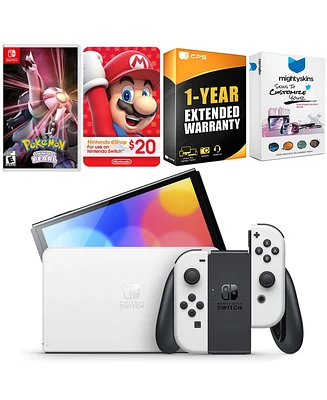 Nintendo Switch White Oled Console with Pokemon Shining Pearl, Nintendo $20 eShop Gift Card, MightySkins Console and Controller Skin Voucher