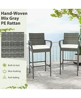 Set of 2 Patio Barstools – Wicker Outdoor Chairs with Cushions & Armrests
