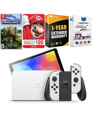 Nintendo Switch White Oled Console with Minecraft: Switch Edition, Nintendo $20 eShop Gift Card, MightySkins Console and Controller Skin Voucher