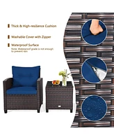 Gymax 3PCS Outdoor Patio Rattan Conversation Set Garden Yard w/ Navy Cushions