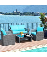 Gymax 4PCS Patio Rattan Conversation Set Outdoor Furniture Set w/ Turquoise Cushions