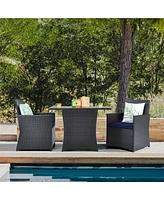 Gymax 3PCS Patio Wicker Bistro Set Pe Rattan Dining Table Set w/ Navy Cushions