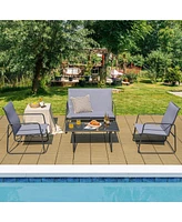 Gymax 4PCS Metal Outdoor Conversation Set Patio Furniture Set w/ Glass Table
