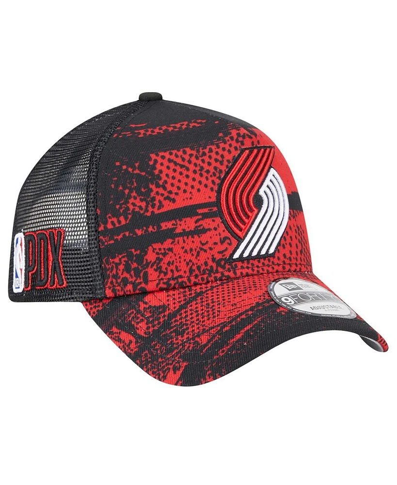 New Era Men's Black/Red Portland Trail Blazers Tip Off A-Frame Trucker 9FORTY Adjustable Hat
