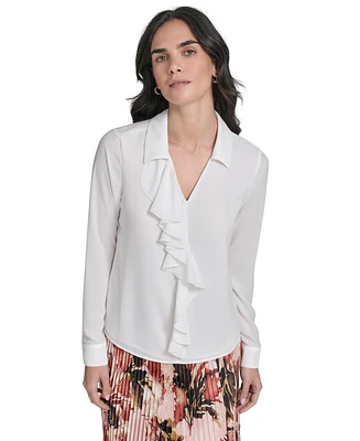Calvin Klein Petite Ruffle-Trim Collared Blouse