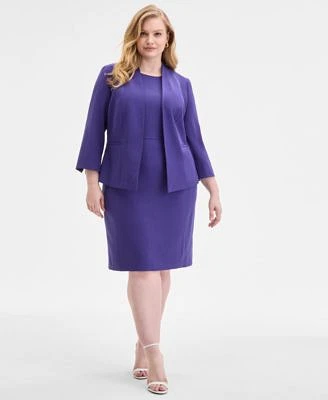 Kasper Plus Size Collarless 3 4 Sleeve Blazer Crewneck Sleeveless Sheath Dress